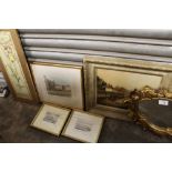 A BASKET OF PICTURES AND PRINTS TO INCLUDE A SMALL GILT FRAMED WALL MIRROR, A GILT FRAMED OIL ON