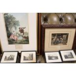 TWO FRAMED AND GLAZED BAXTER PRINTS TOGETHER WITH A SET OF FOUR SMALL ANTIQUE PRINTS