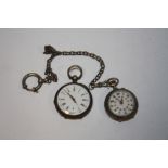 TWO ANTIQUE SILVER POCKET WATCHES, ONE ON CHAIN
