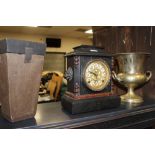 A VINTAGE WOODEN MANTLE CLOCK, CAMPANULA URN COOLER ETC