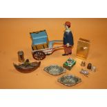 A BOX OF COLLECTABLES TO INCLUDE A WIND UP TIN PLATE MAN AND CART, SPELTER STYLE FISHERMAN ETC