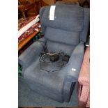 A BLUE UPHOLSTERED RISE / RECLINE ARMCHAIR