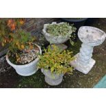 A BASKET EFFECT GARDEN PLANTER TOGETHER WITH TWO OTHER PLUS A BIRD BATH (4)