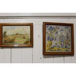 TWO FRAMED HAND PAINTED PORCELAIN TILES