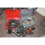 A CASED BOSCH DRILL, CASED TOOL KIT PLUS TWO OTHER DRILLS AND A JIGSAW