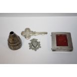 A HALLMARKED SILVER MINIATURE PICTURE FRAME, CEREMONIAL KEY ETC
