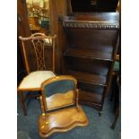 A SMALL OAK OPEN BOOKCASE W 46 CM, AN EDWARDIAN CHAIR & A DRESSING MIRROR (3)