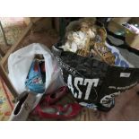 A BAG OF LADIES SHOES TO INCLUDE 'HUSH PUPPIES' EXAMPLES, TOGETHER WITH A BAG OF VINTAGE DOLLS AND