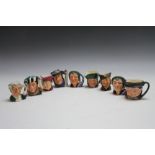 NINE ASSORTED SMALL ROYAL DOULTON CHARACTER JUGS, to include The Falconer, H 7 cm