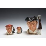 THREE ROYAL DOULTON CHARACTER JUGS FROM WILLIAMSBURG - GUNSMITH D6573, H 18.5 cm, together with sma