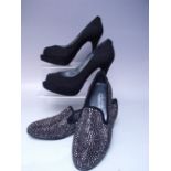 TWO PAIRS OF STUART WEITZMAN FOR RUSSELL BROMLEY SHOES, comprising a pair of black peep toed