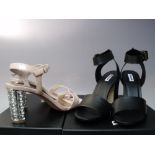 TWO BOXED PAIRS OF DUNE OF LONDON SANDALS, a pair of block heel black leather sandals EU size 40,
