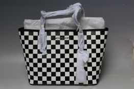A MICHAEL KORS CHECKERBOARD TWO TONE SMALL TOTE BAG, having single zippered and single open