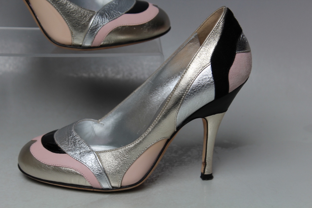 A PAIR OF DOLCE & GABBANA RETRO STYLE COURT SHOES, in metallic silver with pink and black patent - Image 2 of 4