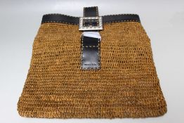 A MICHAEL KORS RAFFIA FOLD OVER CLUTCH BAG, basket weave effect, black leather band to top edge with