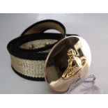 A VIVIENNE WESTWOOD BLACK AND LUREX FABRIC BELT, close weave black and gold fabric with gold tone