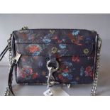 A REBECCA MINKOFF FLORAL / NAVY CROSS BODY BAG, silver tone hardware with chain and studded