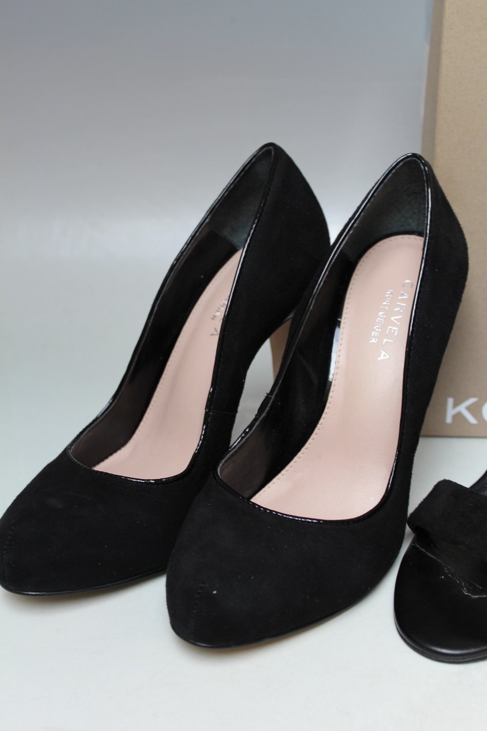 A PAIR OF KURT GEIGER BLACK AND WHITE SUEDE PATENT SANDALS, EU size 39, together with a pair of - Image 4 of 4