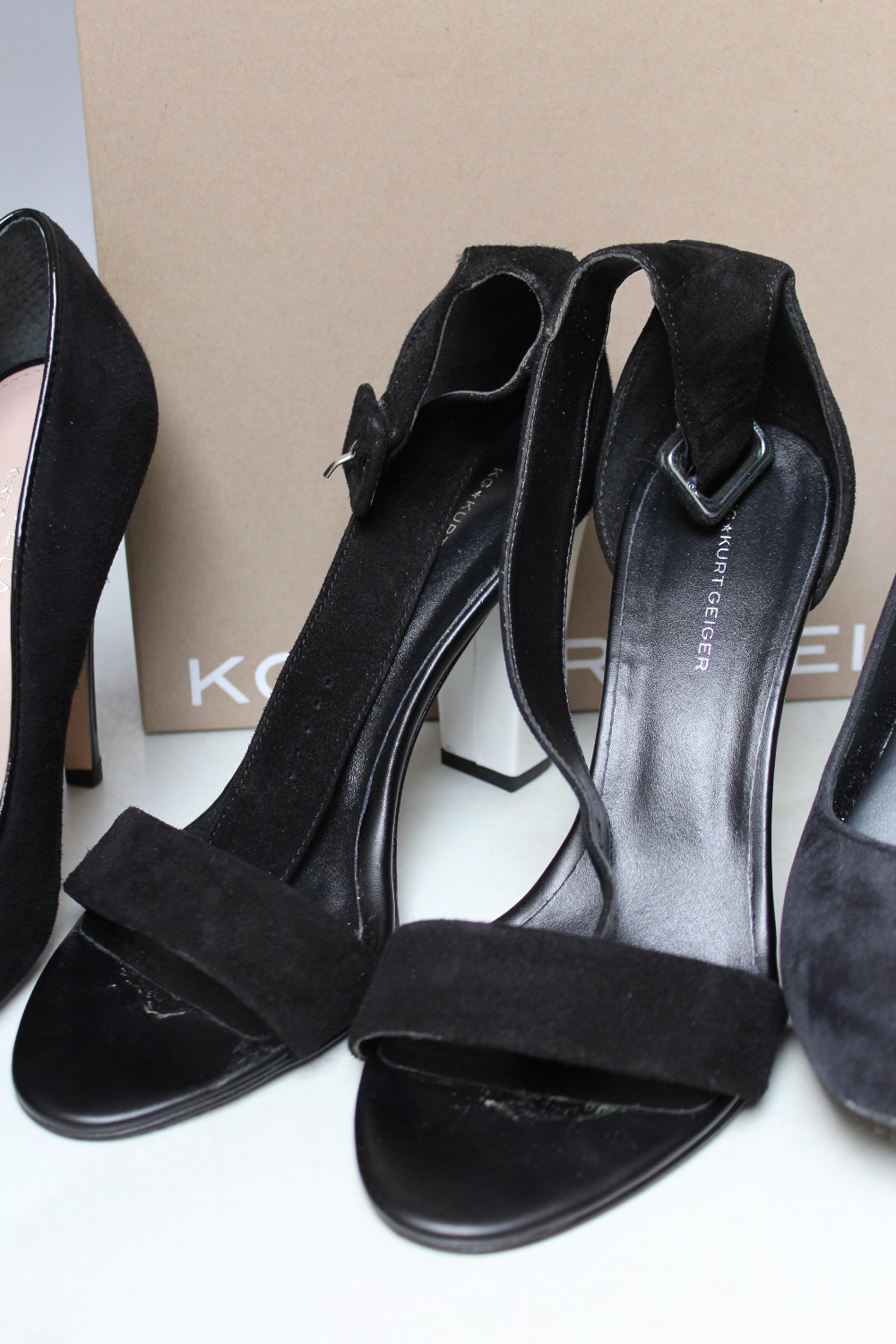 A PAIR OF KURT GEIGER BLACK AND WHITE SUEDE PATENT SANDALS, EU size 39, together with a pair of - Image 3 of 4