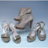 THREE PAIRS OF STUART WEITZMAN DESIGNER SHOES, comprising a pair of taupe print suede stiletto