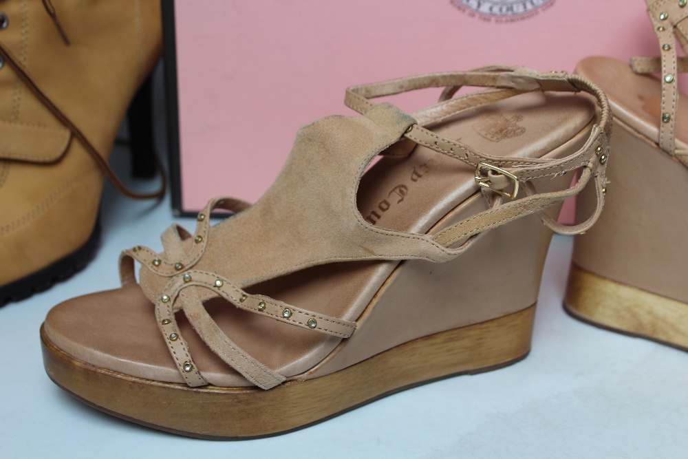 A BOXED PAIR OF JUICY COUTURE 'DAINTY' BEIGE LATHER WEDGE SANDALS, US size 8 1/2. together with a - Image 2 of 4