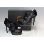 A PAIR OF HOUSE OF HARLOW PONYSKIN PLATFORM WEDGE SHOES, UK size 4.5, boxed