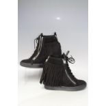 A PAIR OF GINA PLATFORM ANKLE BOOTS, black suede finish with twin zips and tassels to each, EU