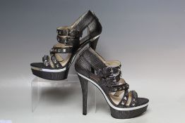 A PAIR OF MICHAEL KORS METALLIC STILETTO WEDGE SANDALS, textured finish with stud embellishment,