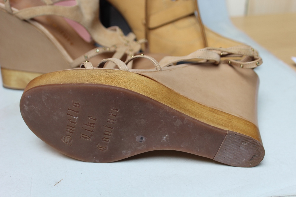 A BOXED PAIR OF JUICY COUTURE 'DAINTY' BEIGE LATHER WEDGE SANDALS, US size 8 1/2. together with a - Image 4 of 4