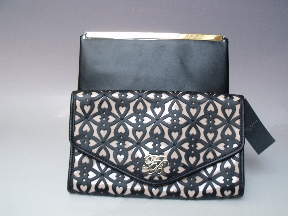 TWO TED BAKER CLUTCH BAGS, both new with tags, one snakeskin example with gold tone hardware and