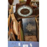 A TRAY OF TREEN TO INCLUDE MANTEL CLOCK, JEWELLERY BOXES ETC, (TRAY NOT INCLUDED)