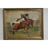 A GILT FRAMED OIL ON BOARD DEPICTING A HORSE AND JOCKEY SIGNED M. R. HYDE