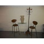 A SELECTION OF FIVE ITEMS INCLUDING TWO VINTAGE HIGH CHAIRS, A HALL / COAT / HAT STAND IN WROUGHT