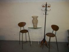 A SELECTION OF FIVE ITEMS INCLUDING TWO VINTAGE HIGH CHAIRS, A HALL / COAT / HAT STAND IN WROUGHT