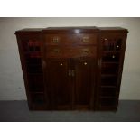 AN OAK ARTS AND CRAFTS STYLE SIDE BY SIDE TALL BOY SIDEBOARD WITH SOLID BRASS HANDLES