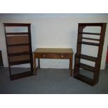 TWO ANTIQUE PINE BOOKSHELVES AND AN OAK TWO DRAWER DESK