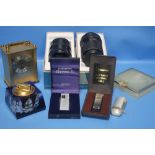 A BOX OF COLLECTABLES TO INCLUDE CAMERA LENSES, CARRIAGE CLOCK ETC.