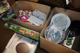 TWO BOXES OF ASSORTED NEW ITEMS TO INCLUDE A MOP BUCKET, A MAHOGANY EFFECT TOILET SEAT ETC.