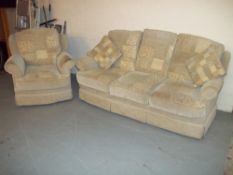 A CHENILLE FABRIC REVERSABLE TWO PIECE SUITE THREE SEATER SOFA AND CHAIR