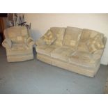 A CHENILLE FABRIC REVERSABLE TWO PIECE SUITE THREE SEATER SOFA AND CHAIR