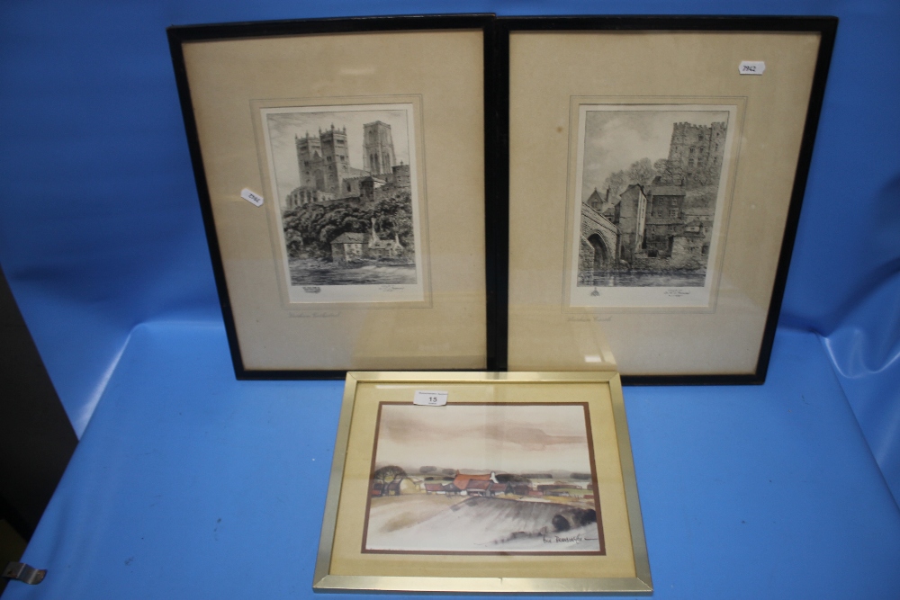 TWO FRAMED AND GLAZED PRINTS, ONE OF DURHAM CATHEDRAL, THE OTHER DURHAM CASTLE SIGNED T. E. FRANCIS,