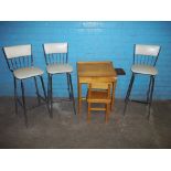 THREE VINTAGE HIGH CHAIRS AND A CHILDREN'S SCHOOL TYPE DESK WITH CHAIR