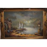 A FRAMED AND GLAZED OIL ON CANVAS DEPICTING A LAKESIDE SCENE SIGNED T. VAN MEEREN