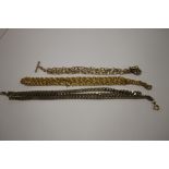 A 9 CT GOLD T BAR NECKLACE A/F W 3.4 g AND TWO OTHER COSTUME CHAINS