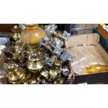 A LARGE QUANTITY OF PARAFFIN AND OIL LAMPS AND A BOX OF LAMP FLUTES ETC.