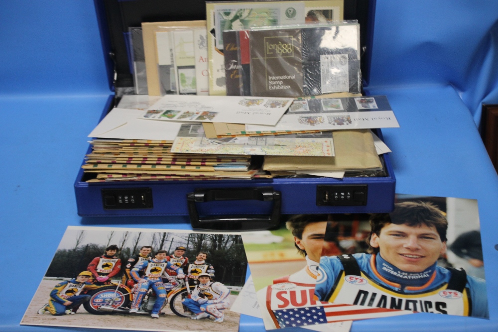 A QUANTITY OF ASSORTED STAMPS AND FIRST DAY COVERS TOGETHER WITH SPEEDWAY PHOTOGRAPHS