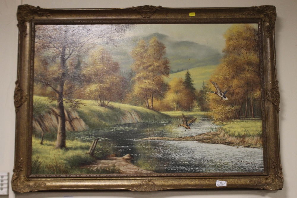 A FRAMED OIL ON CANVAS RIVERSIDE SCENE SIGNED NICHOLAS LEWIS TOGETHER WITH A LAKE SCENE WITH SAIL