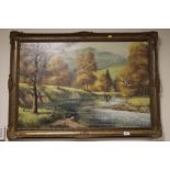 A FRAMED OIL ON CANVAS RIVERSIDE SCENE SIGNED NICHOLAS LEWIS TOGETHER WITH A LAKE SCENE WITH SAIL