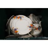 A VINTAGE CHINA DINNER SERVICE TOGETHER WITH A GLASS DRESSING TABLE SET