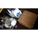 TWO TRAYS OF CERAMICS TO INCLUDE PLATES ETC. (TRAYS NOT INCLUDED) AND A WICKER PICNIC BASKET